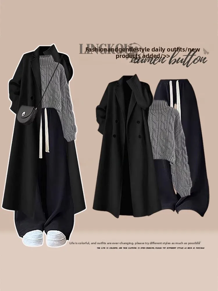 

Korean Sle Women's Tee-Piece Set Large Size Autumn Winter Casual Knitted Sweater Thiened Coat Slimming Pants V-Ne