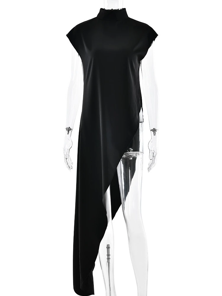 XIAOTANG Abito lungo sexy senza maniche irregolare per le donne Moda elegante dolcevita in raso solido Abiti lunghi slim Donna 2025