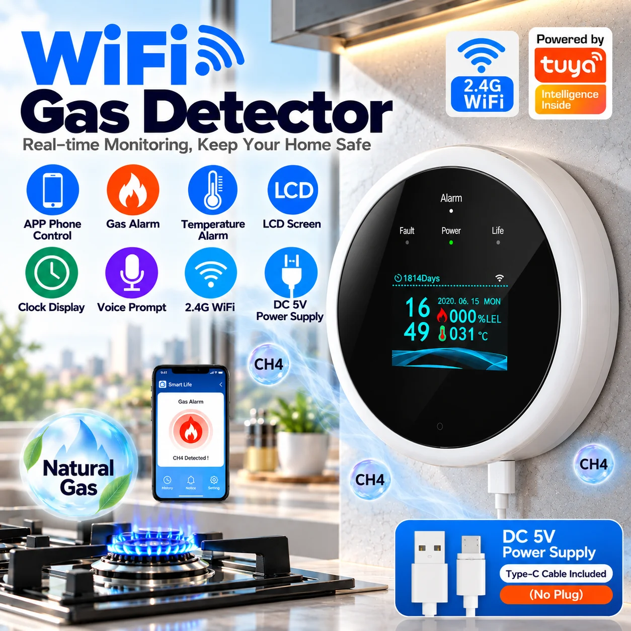 Water Leak Detector Wifi Alarm - Sensor de alarma de gas WiFi