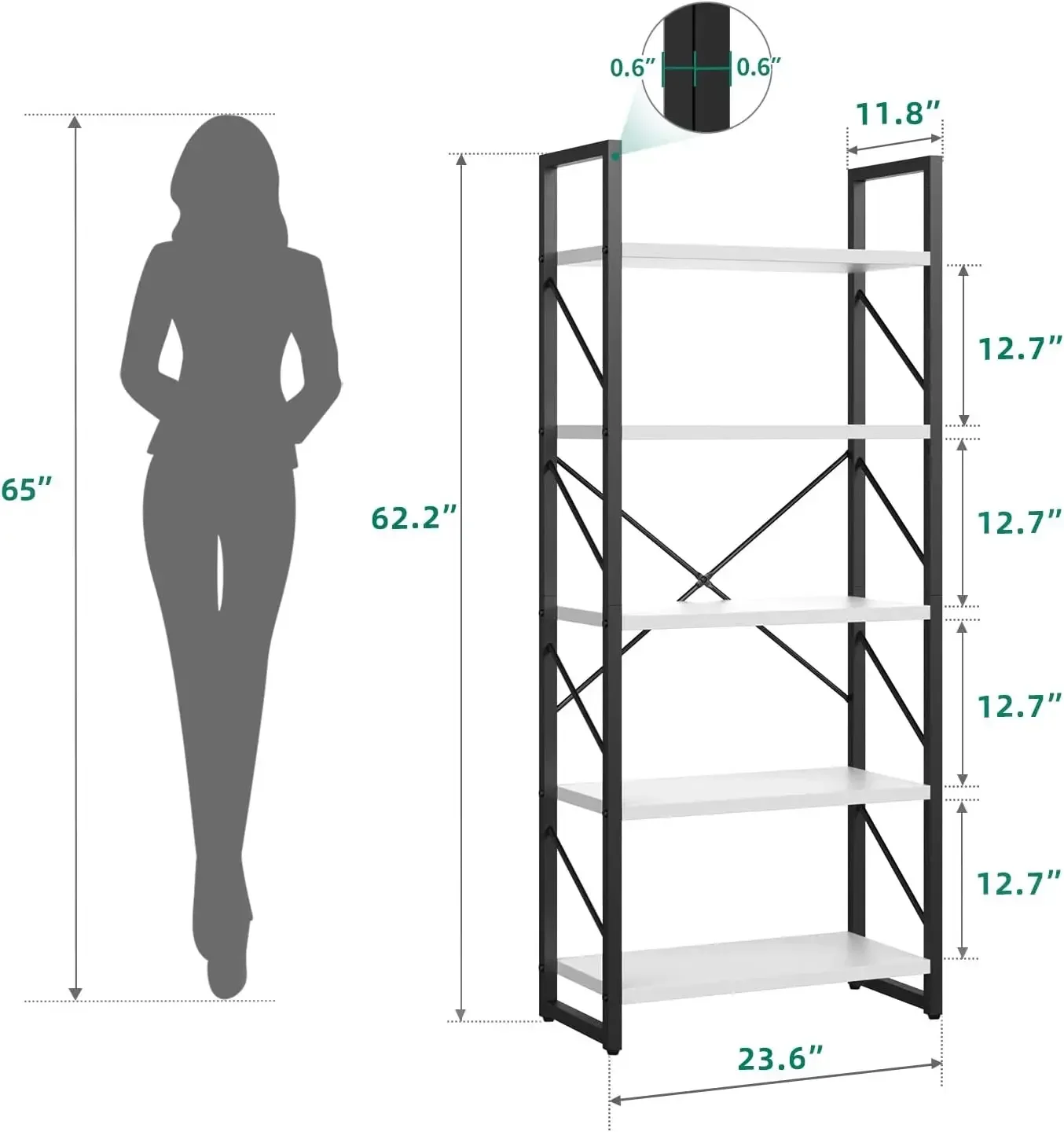 5 Tiers Bookshelf, Classically Modern White Bookshelf, Book Rack, Storage Rack Shelves in Living Room/Home/Office, Books Holder