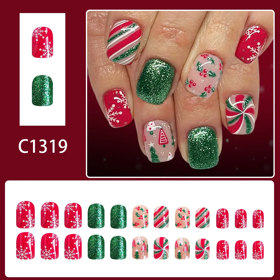 Short Square Glossy Press On Nails 24Pcs Christmas 2025 New Design Snowflake Tree Stripes Red Green Glitter