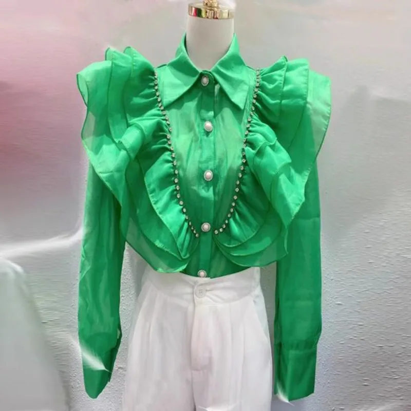 

Autumn French Diamond-encrusted Three-dimensional Ruffle Edge Splicing Pleated Long-sleeved Shirt Women's Single-breasted Shirt