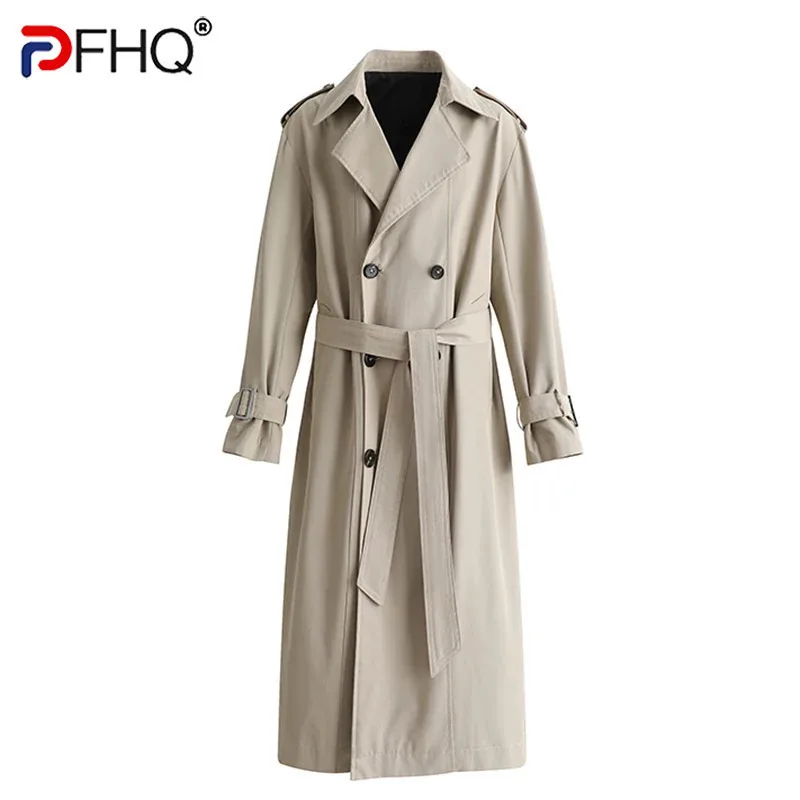 PFHQ Autumn Trench Coat Double Breasted Men's Over The Knee Jacket Korean Fashion Solid Color 2024 Male Tops Casual 21Z6155