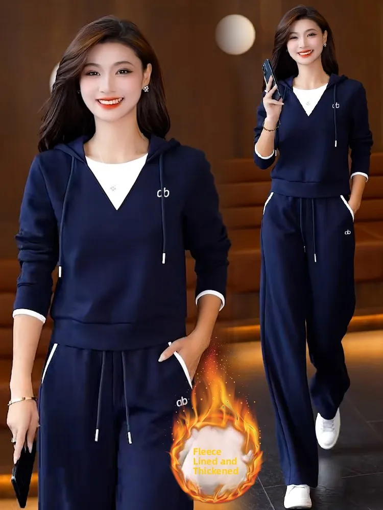

Thiened Fce Sports Set for Women Casual Sportswear Winter Collection 2025 Long Sve Hoodie Wide Leg Pants Two-Piece Suit