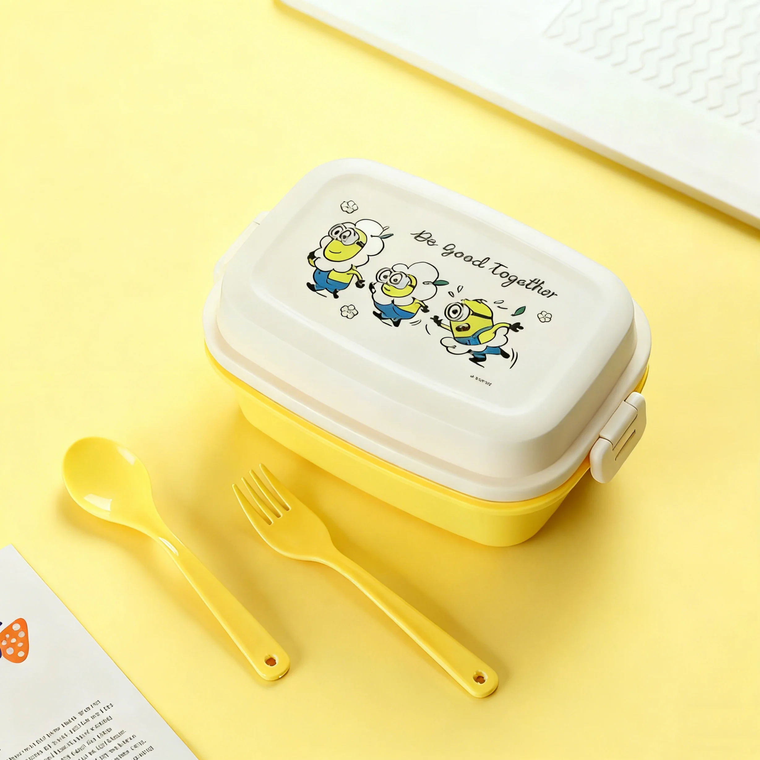 

Miniso Minions Lunch Box 980mL with Tableware Double Layered Portable Bento Box PP Plastic with Spoon Fork For Office School Use