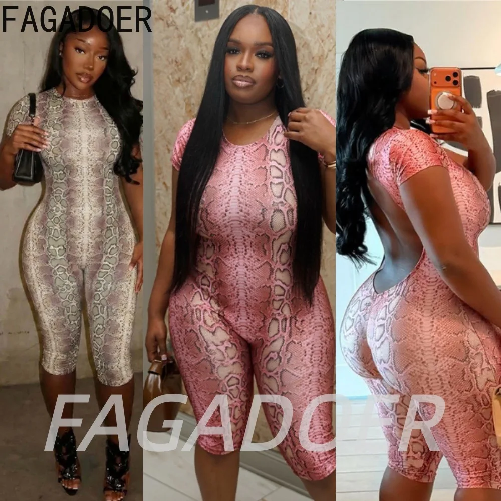 

FAGADOER Sexy Snake Print Bodycon Romper Hot Girl O Neck Button Backless Hollow Out Skinny Jumpsuits Streetwear Club Playsuits