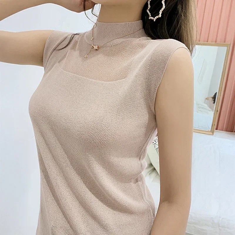 المرأة وهمية الرقبة تانك القمم شبه شير أكمام المحاصيل الأعلى خفيفة الوزن متماسكة سترة الصيف في سن المراهقة فتاة الزي الأساسي