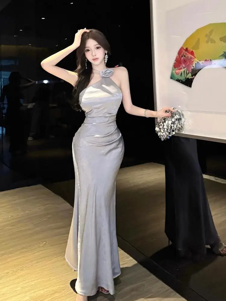 

French Summer Grey Elegant Sexy Birthday Party Evening Long Dress Women Sleeveless Backless Off Shoulder Halter Lace-up Dresses