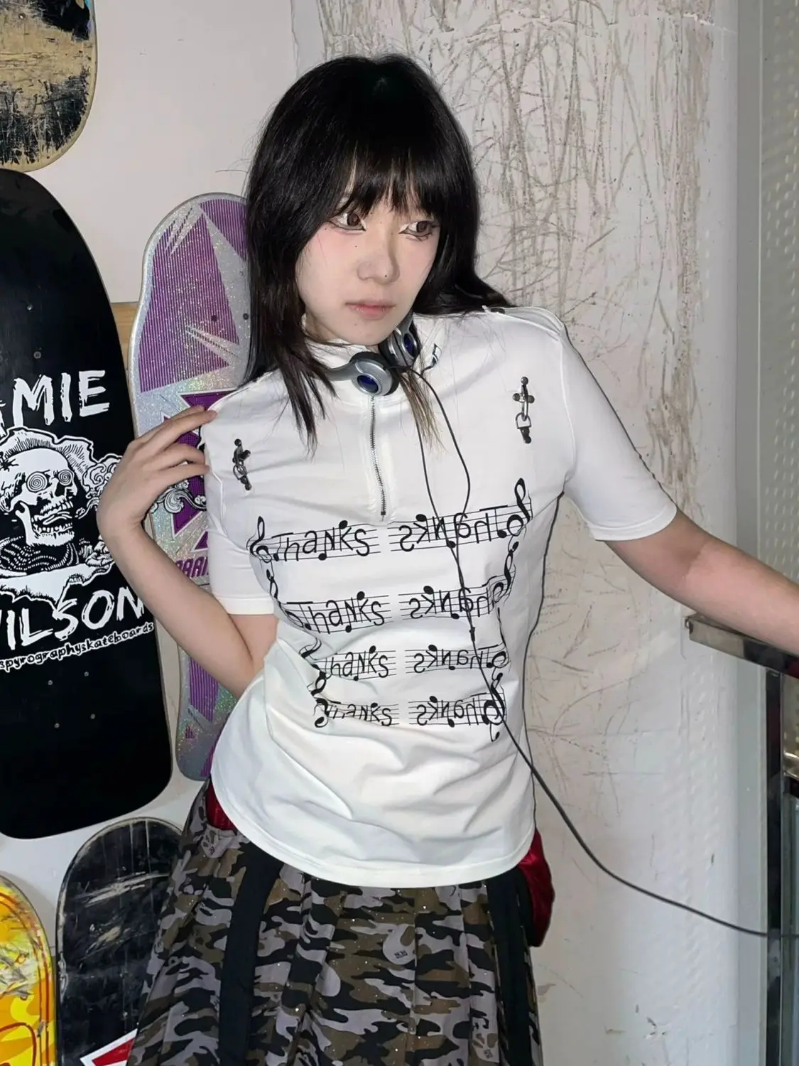 Cyber Sheet Music Fashion Stand Collar Top Y2k Retro Mid-Sleeve Slim Fit Clothing Subculture Summer Casual Short Sleeve T-Shirt