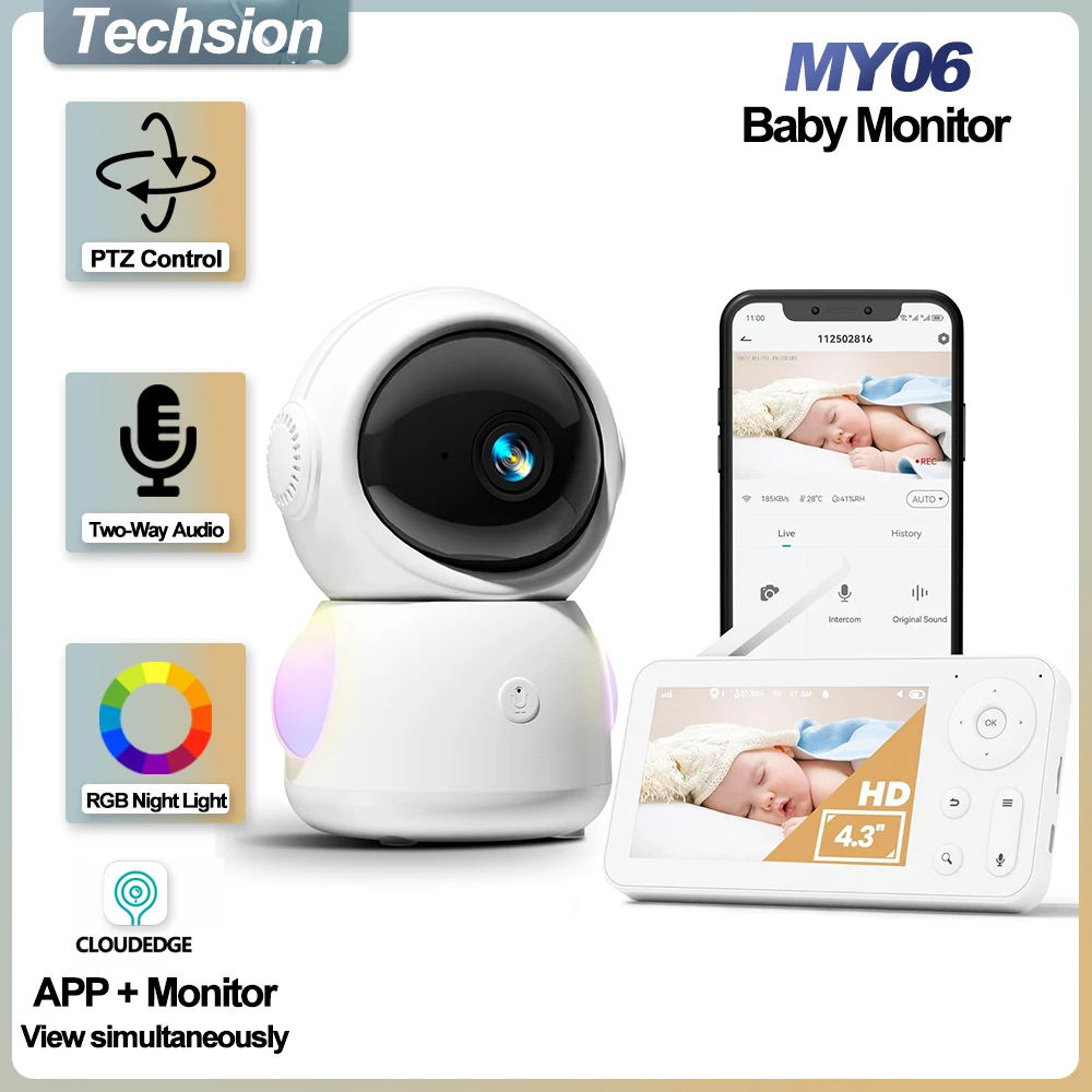 4.3 Inch CloudEdge Baby Monitor Wireless Security Camera VOX Mode RGB Night Light Lullabies Temperature Detection Baby Nanny Cam