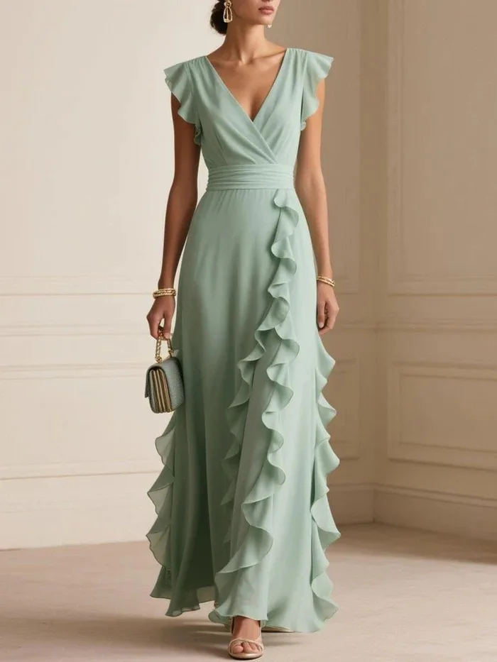 Vestido Largo de Gasa con Cuello en V y Volantes para Mujer, Sin Mangas, para Invitadas de Boda, Fiestas Nocturnas, Vestido Formal