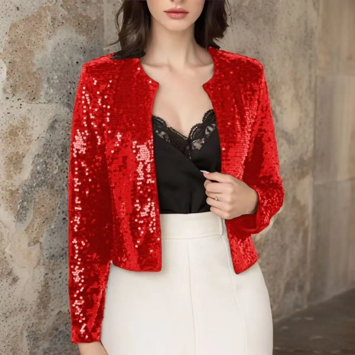 

2025 spring and autumn women's clothing fashion stand-up collar color matching sequined jacket short casual versatile small coat