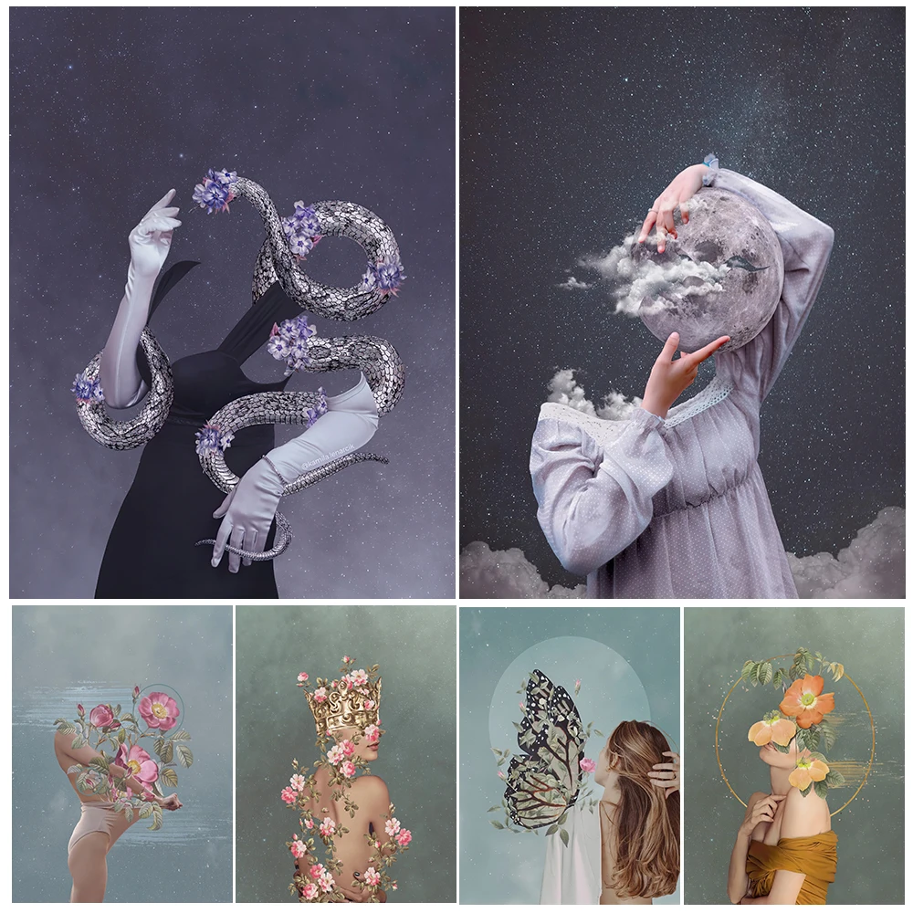 

Flowers,Snakes,Moon And Woman Surreal Fantasy Wall Art Canvas Painting Mysterious Abstract Art Poster Print Home Decor Unframed