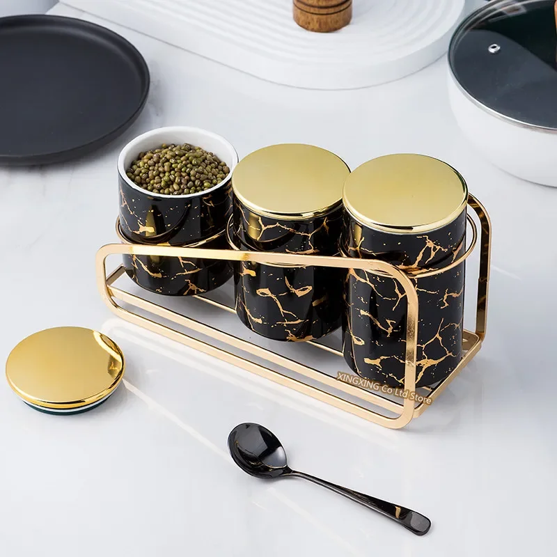 

3 PCS Ceramic Airtight Jar Kitchen Canister Sets Cereal Dispenser Spice Organizer Rack Jars with Lid Food Storage Containers