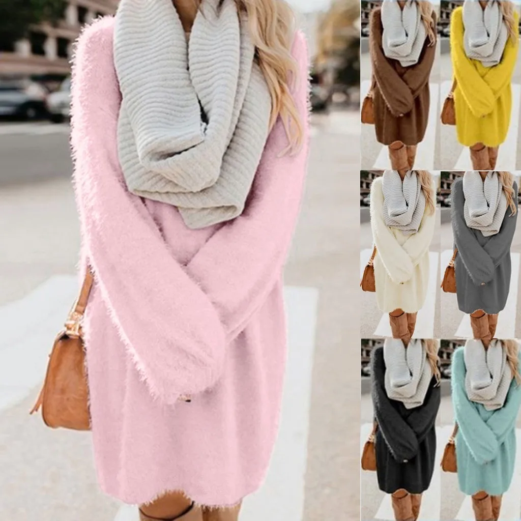 Plush Turtleneck Warm Mini Dress Women Winter Knit Pocket Fleece Solid Long Sleeve Sweater Ladies Dresses Female Vestidos