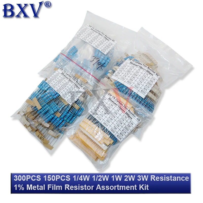 1/4W 1/2W 1W 2W 3W 300PCS 150PCS/Set Resistance 1% Metal Film Resistor Assortment Kit Set 30Kinds Each 5/10PCS 1~750 1K~820K Ohm