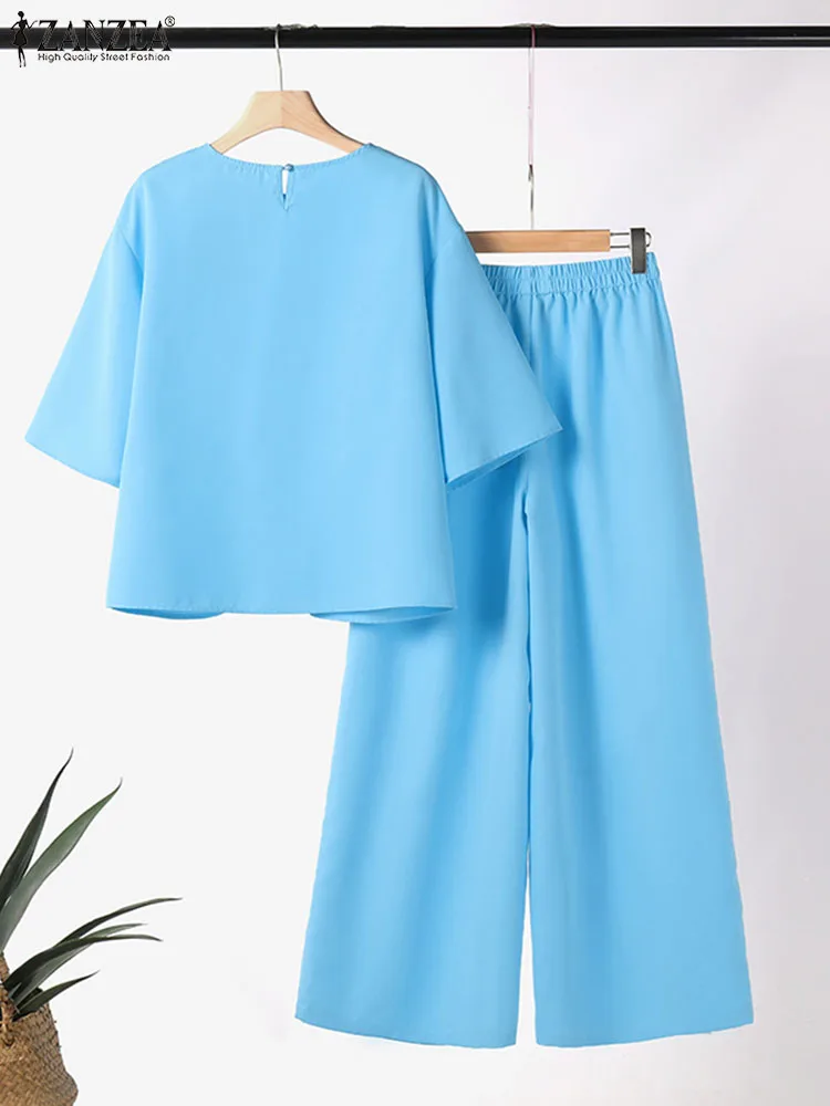 ZANZEA Summer Casual Suit Women Outfits 2pcs O Neck 3/4 Sleeve Tops Wide Leg Trousers Elegant OL Work Pant Sets Tracksuits