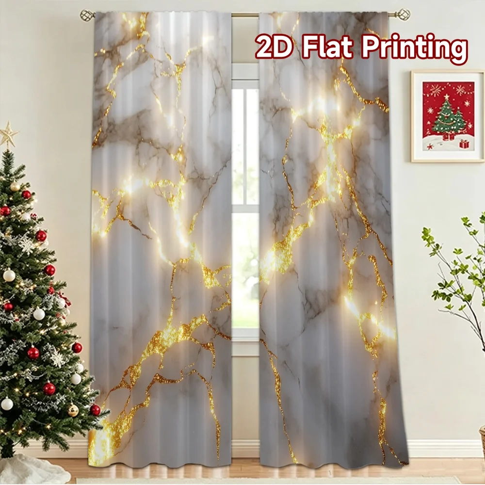 2D flat 2pcs Curtain Retro Country Style White Marble Gold Veins Durable polyester fiber Festive Wall Decor for Indoor Outdoor