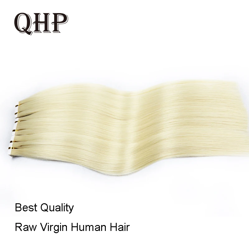 

QHP Tape In Human Natural Hair Extensions Raw Virgin Hair Extensions Black Blonde Straight Skin Weft For Long Hair 20Pcs/Set