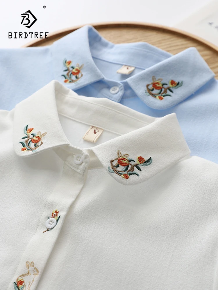 New Autumn Cotton Embroidery Shirts Women Peter Pan Collar Rabbit Placket Tops Girl Long Sleeve Blouses Cute Spring T393105QC