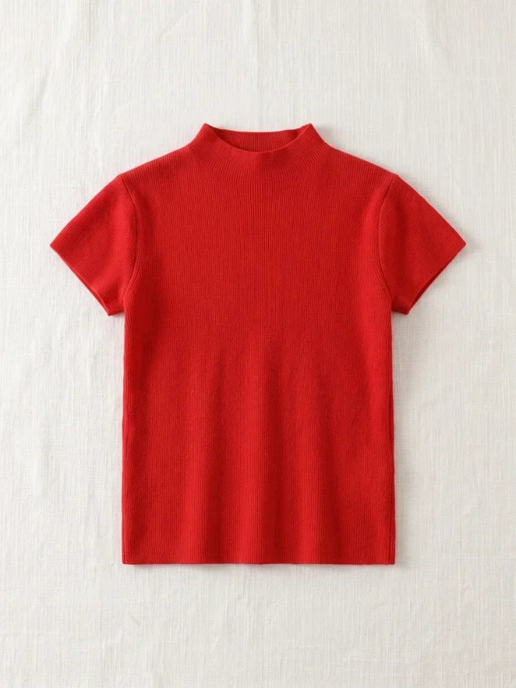 2026 Herbst Neu Slim Fit Einfarbig Vielseitige Oberteile Damen Kurzarm T-Shirt Weibliches O-Neck Strick-Shirt Streetwear – Detail 13