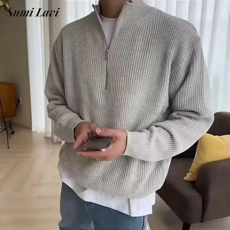 Fall Winter Knitted Long Sleeve Shirt Mens Trendy Solid Color Stand Collar Knit Pullover Daily Casual Knitting Polo-shirts Men