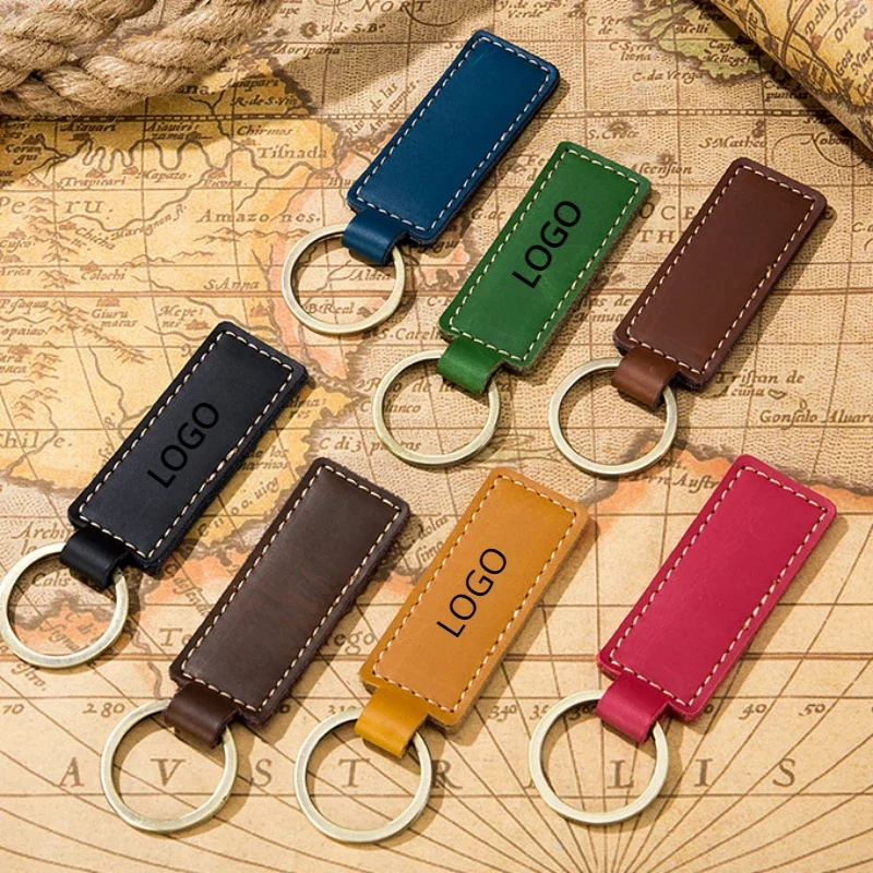 Customized Cowhide Leather Keychain for Men and Women Retro Vintage Car Logo Key Chains Accessory Laser Engrave Keyring Gift