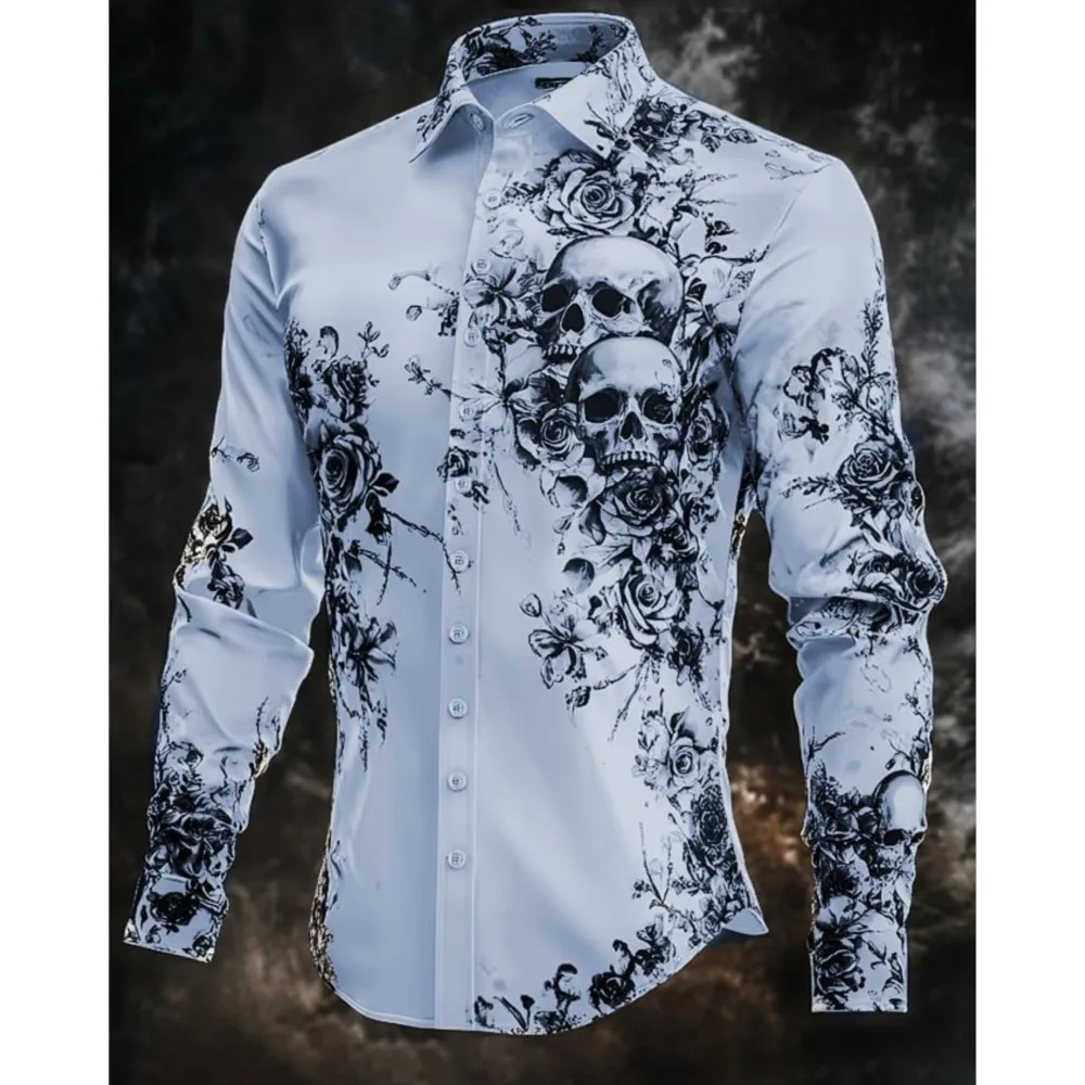 Męska koszula w paski z grafiką, nadrukiem czaszki, streetwearowa, outdoorowa, z długim rękawem, zapinana na guziki, modna odzież uliczna, prosty i stylowy design.