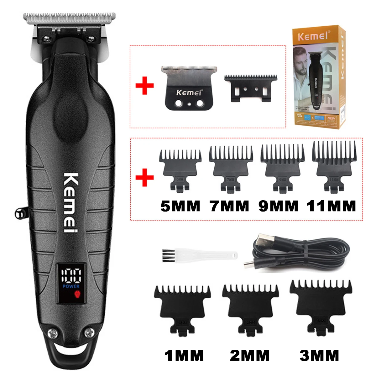 Kemei KM-2293 Zero Gapped Professional Hair Trimmer Machine Full Metal DLC T-Blade Finishing Machine USB LED Man's Hair Clipper