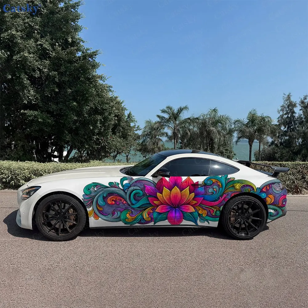 2pcs Iridescent Lotus Car Side Wraps, Self-Adhesive PVC Waterproof & Scratch-Resistant Stickers, Car Accessory Gift
