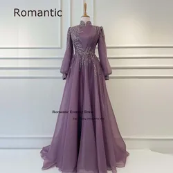 Romantic Modest Tulle Dubai Arabic Women Evening Dresses Moroccan Kaftan Full Sleeves Long Party Dress Saudi Arabia Prom Gowns