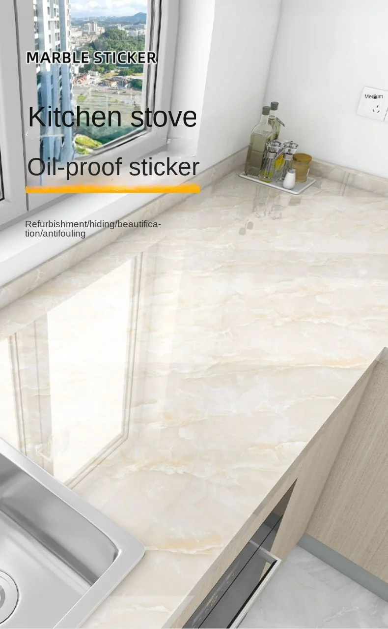 60cm Width Kitchen Cabinets Vinyl Marble Oil Proof Wallpaper Self Adhesive Waterproof Removable Stickers for Bathroom Wall Decor