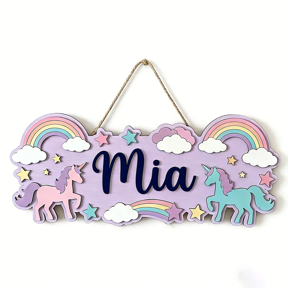 Personalized Unicorn & Rainbow Name Sign, Pastel Wooden Nursery Decor, Cute Cloud Star Door Plaque, Unique Magical Gift