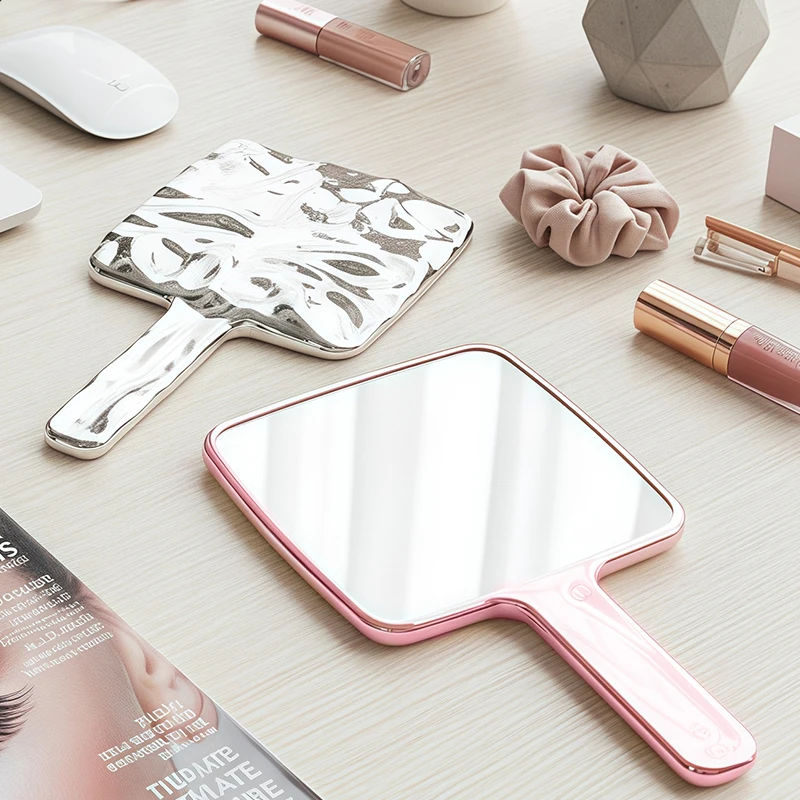 مرآة زينة كلاسيكية بمقبض، مرآة يد مكياج فضية للسفر للنساء، إطار مزخرف بتصميم جمالي محمول باليد