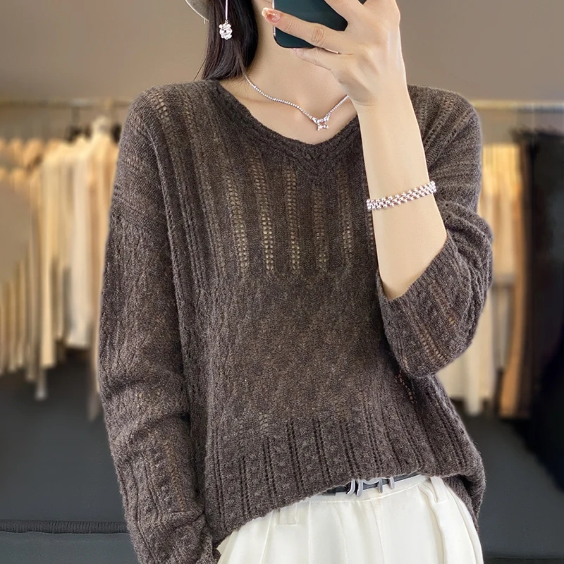 Autumn and winter new 100% pure wool female V-neck hollow sweater loose versatile temperament knitted cashmere bottoming shirt.