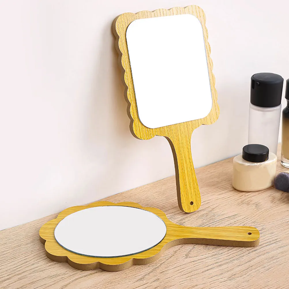 

2pcs Wooden Vanity H held Portable Square Round Dressing Mirror Round Makeup Mirrors Home Beauty Salon Lightweight Clear