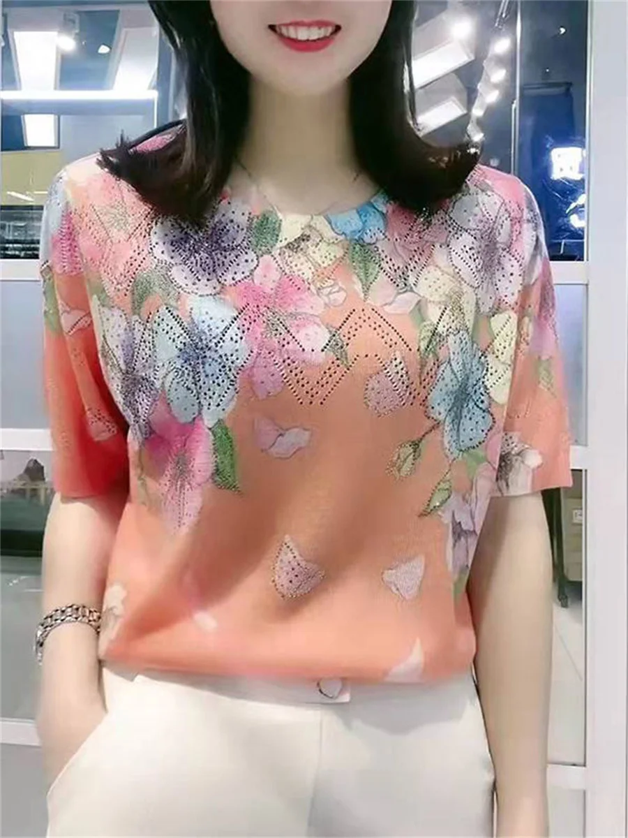 5XL Women Spring Summer Blouses T-shirt Lady Fashion Casual Short Sleeve O-Neck Colla Printing elastic Blusas Tops WY0673