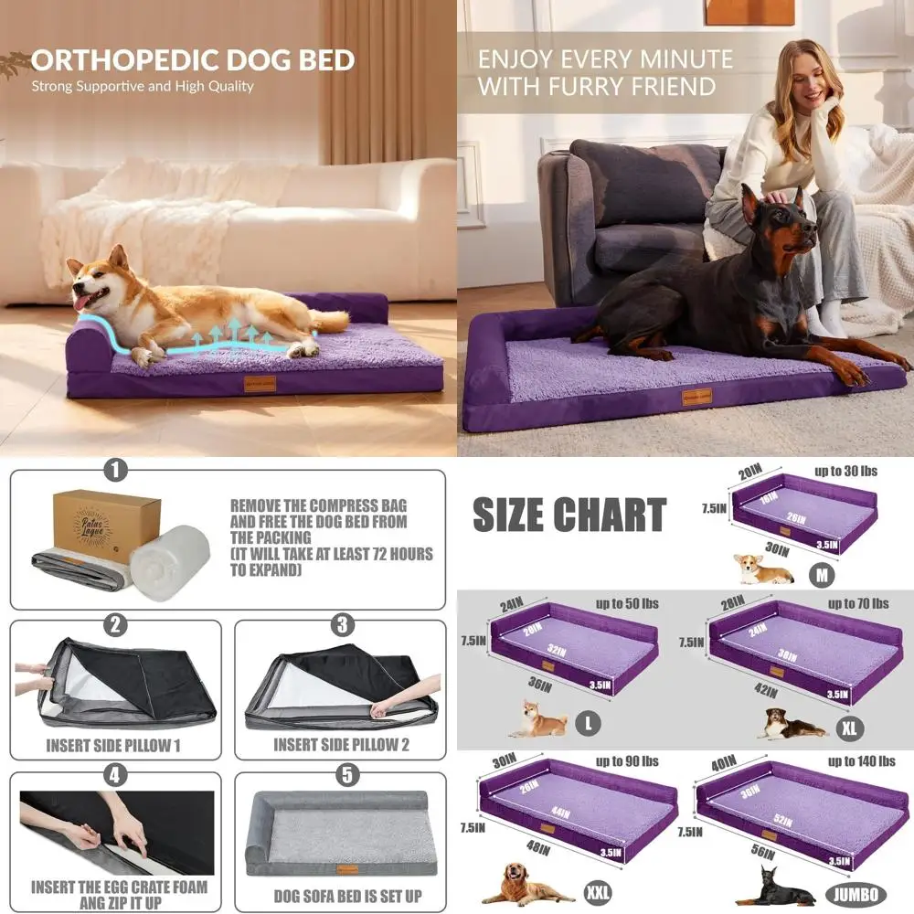 

Large Waterproof Orthopedic Dog Bed, 56x40, Removable Cover, Purple