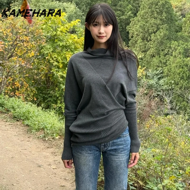 KAMEHARA بلوفرات أمريكية أنيقة غير متناظرة طويلة محبوكة بأكمام تشبه جناح الخفّاش Y2k Harajuku سترات خريفية للسيدات للمكتب سترات فاسق #5
