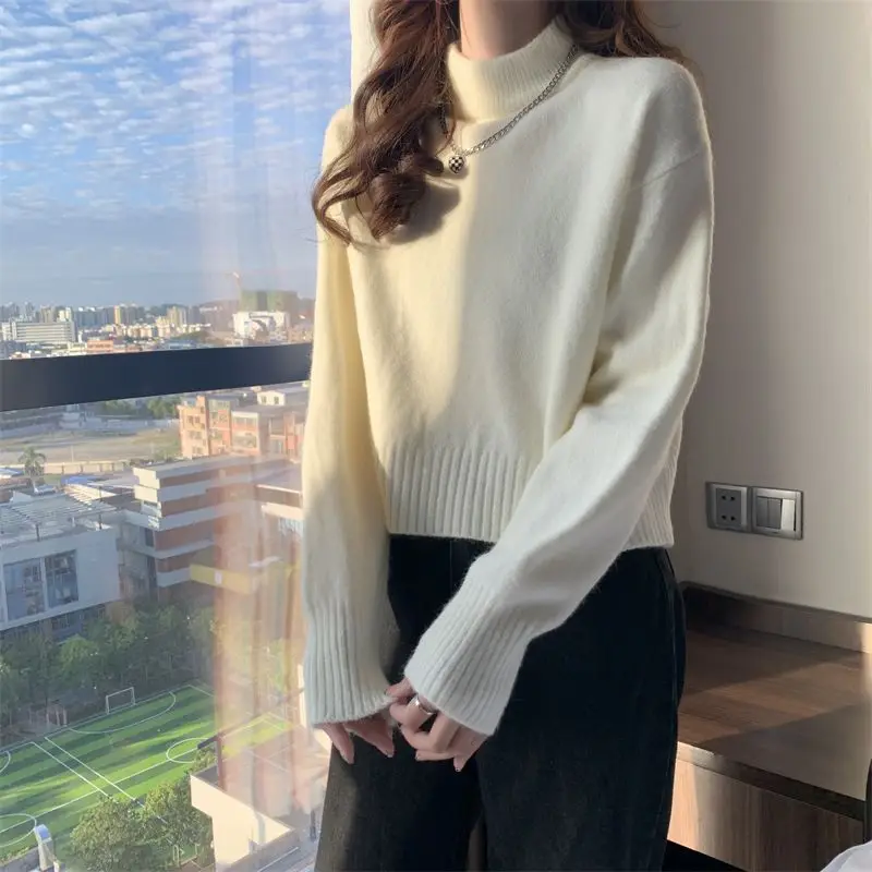 

Korean Version Autumn/Winter Lazy Style Short Half High Neck Loose Bottomed Knit Shirt with a Sweater Underneath for Women