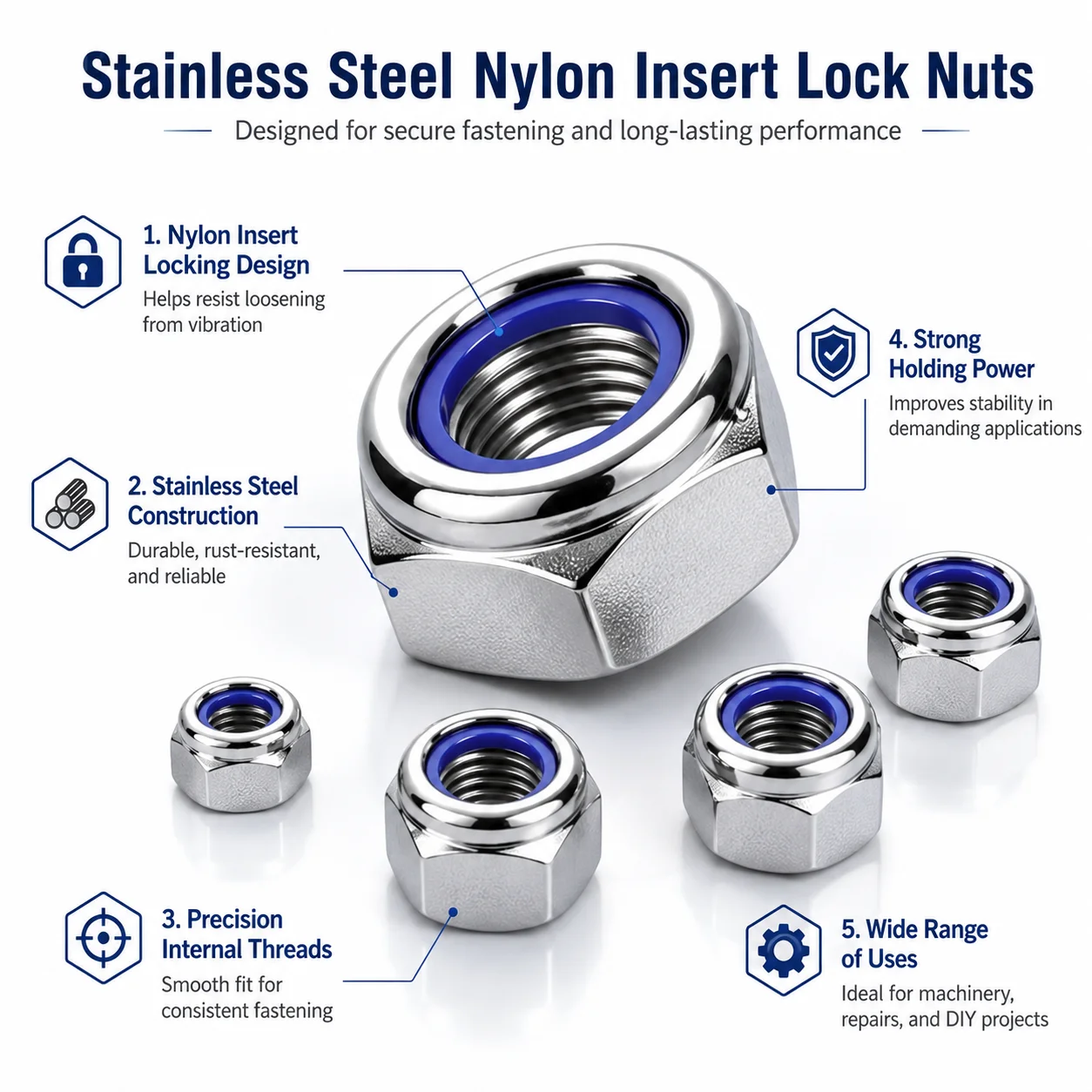 302pcs Metric Nylon Insert Lock Nuts Assortment Kit, 304 Stainless Steel Nylock Nut Set, M3 M4 M5 M6 M8 M10 M12 Hex Locknut