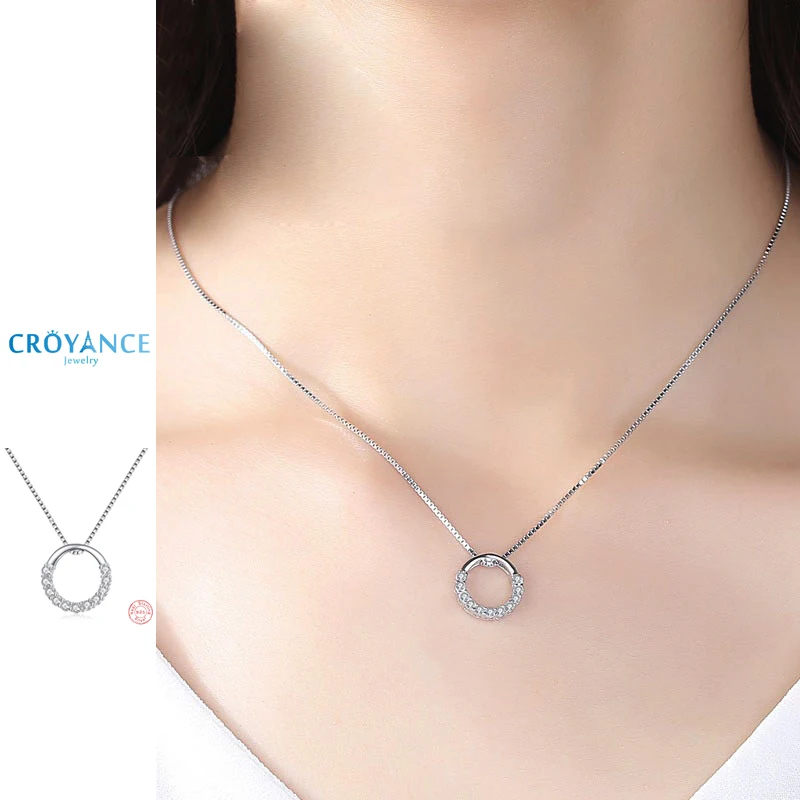 

Croyance Fashion Ladies Half Circle Zircon Round Pendant Necklace 925 Sterling Silver Women Jewelry Multiple Chain Length Option