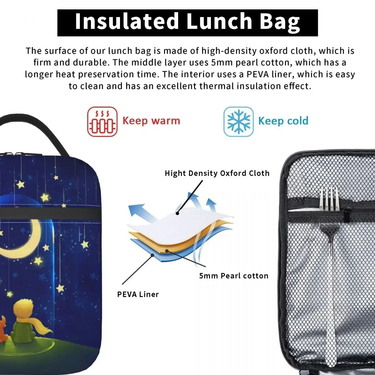 Bolsas de almuerzo con aislamiento The Little Prince, bolsa enfriadora, contenedor de comida Le Petit Prince, caja de almuerzo de mano a prueba de fugas, viaje escolar para niños y niñas