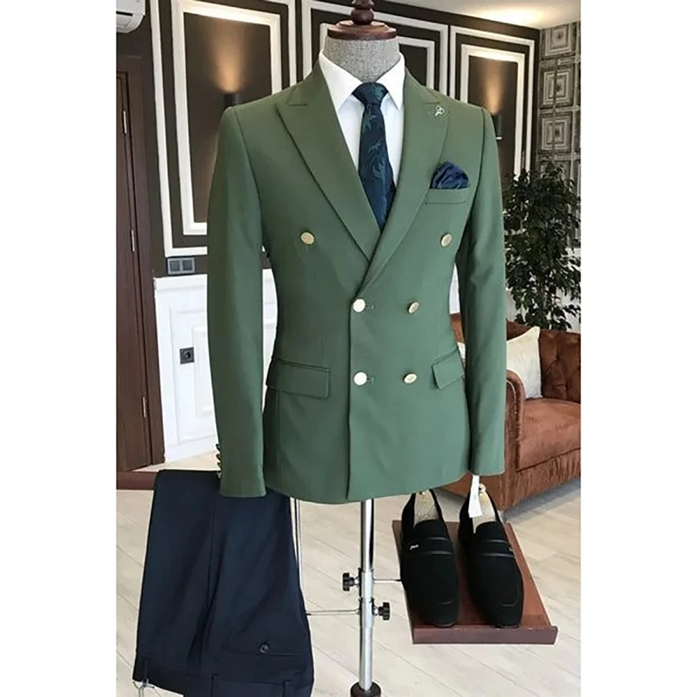 

Suits For Men Groom Wedding Tuxedo Dress Double Breasted Casual Men's Leisure Blazer Custom 2 Piece Green Jacket Black Pants