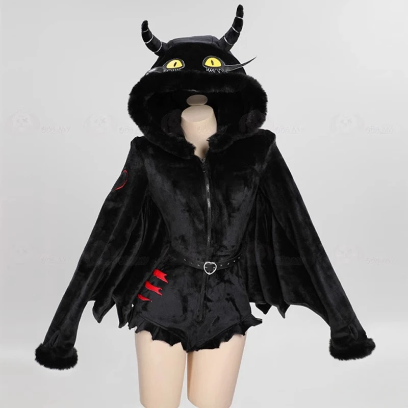 Halloween Black Devil Cosplay Plush Jumpsuits With Horns Women Gothic Warm Hooded Home Clothes Carnival Party Stage Dress Up New