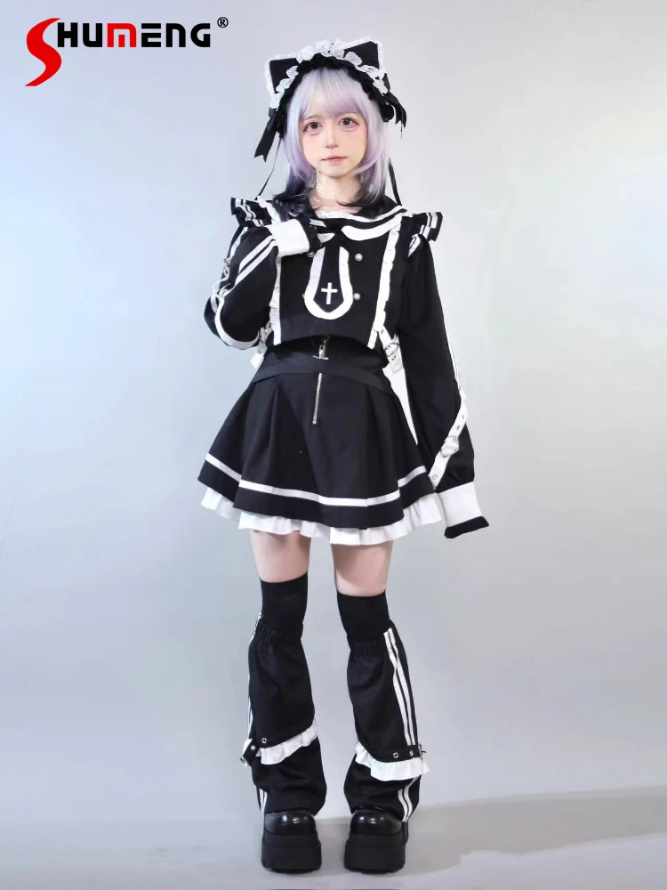 

Original Subculture Y2k Long-sleeved Navy Collar Top Skirt Leg Warmer 3 Piece Set Autumn Girls Women's Sweet Cool Y2k Outifits