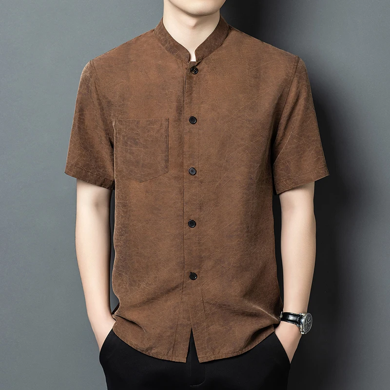 Premium Reversible Shirts For Men Natural Silk 100% Short Sleeve Summer Quality Tang Costume Lightweight Satin Camisas De Hombre
