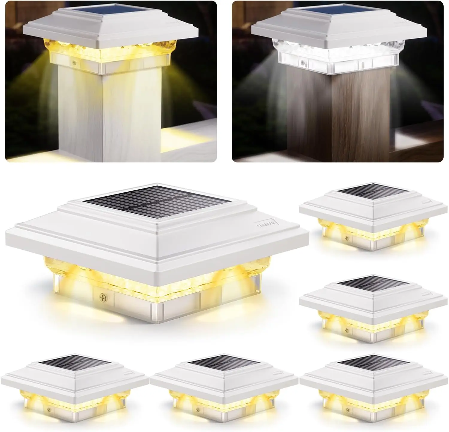 

4x4 Solar Post Lights 50 Lumens, 2 Modes, Waterproof Outdoor Lights for Vinyl/Wooden Posts, Warm/White (6 Pack, White)