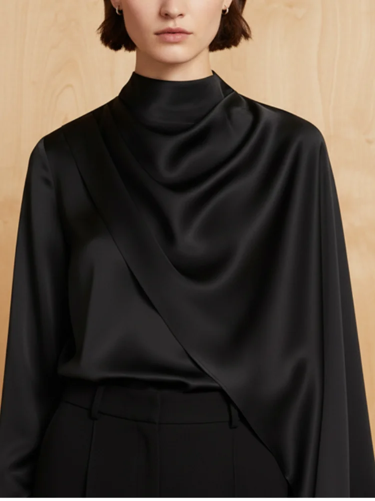 

Elegant Black Pleated Top Women Casual Full Sleeve High Collar Ribbon Fitted Shirt 2026 Lady Spring Commute Office Tops New