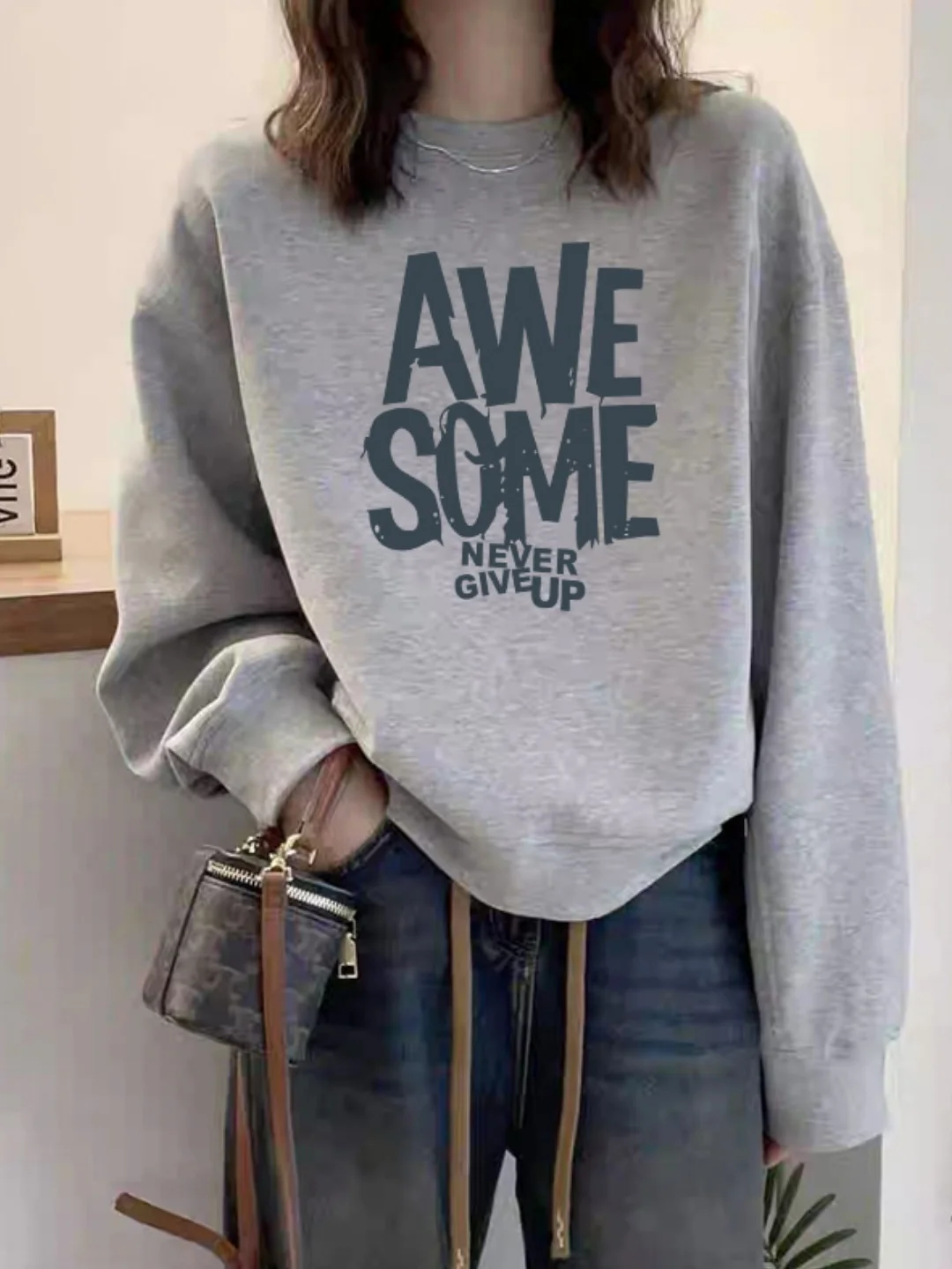 

Повседневная свободная толстовка на флисовой подкладке для женщин, без капюшона, с круглым вырезом, удлиненные рукава, стандартная длина